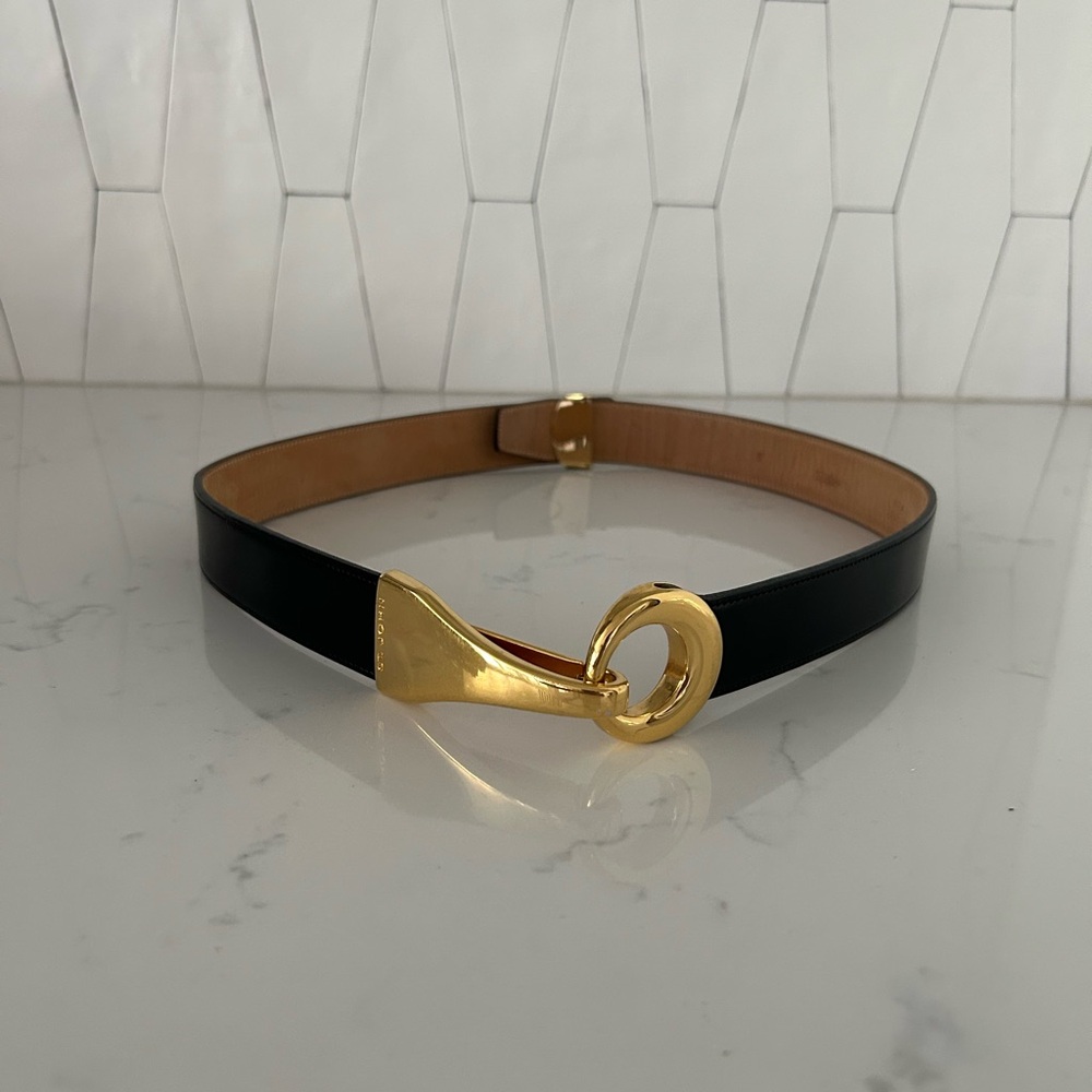 St. John Elegant Black Leather and Gold Women's Belt